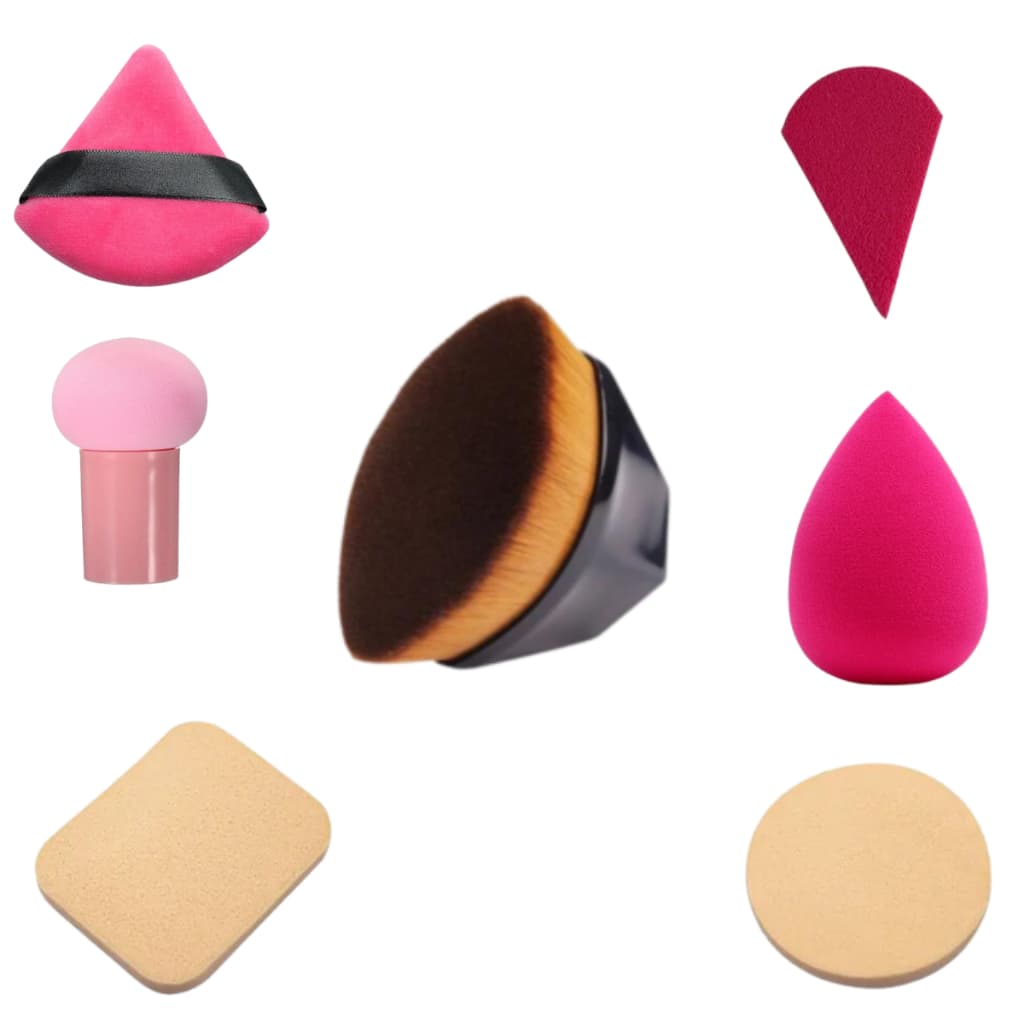 Kit 6 Esponjas de Pó e Base + Pincel Hexágono para Maquiagem