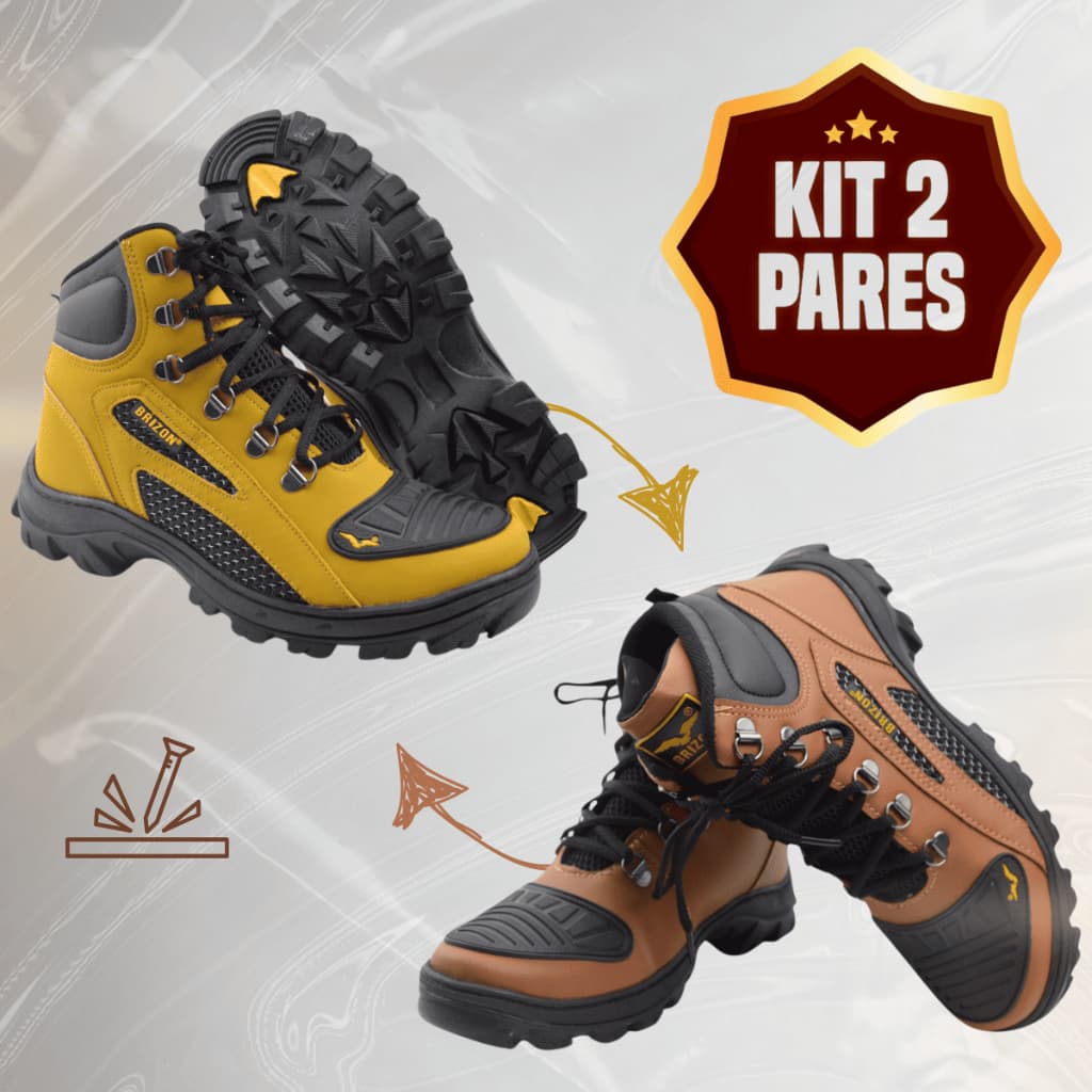 KIT 2 PARES - Bota Cano Alto Trilha Motoqueiro com Bico Protetor mais Sola em Borracha