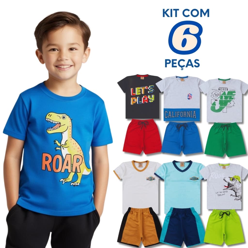 Kit Sortido 6 Peças de Roupas Infantil Menino 3 Camisetas + 3 Bermudas - Conjuntos Masculino Verao