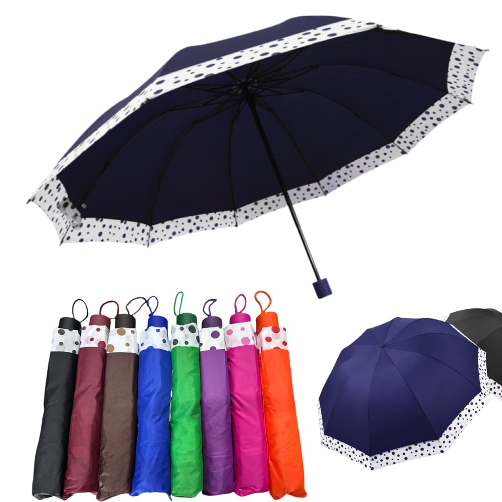 Guarda-Chuva Grande Dobrável com Borda de Bolinhas, 10 Varetas Resistente e Compacto para Bolsa