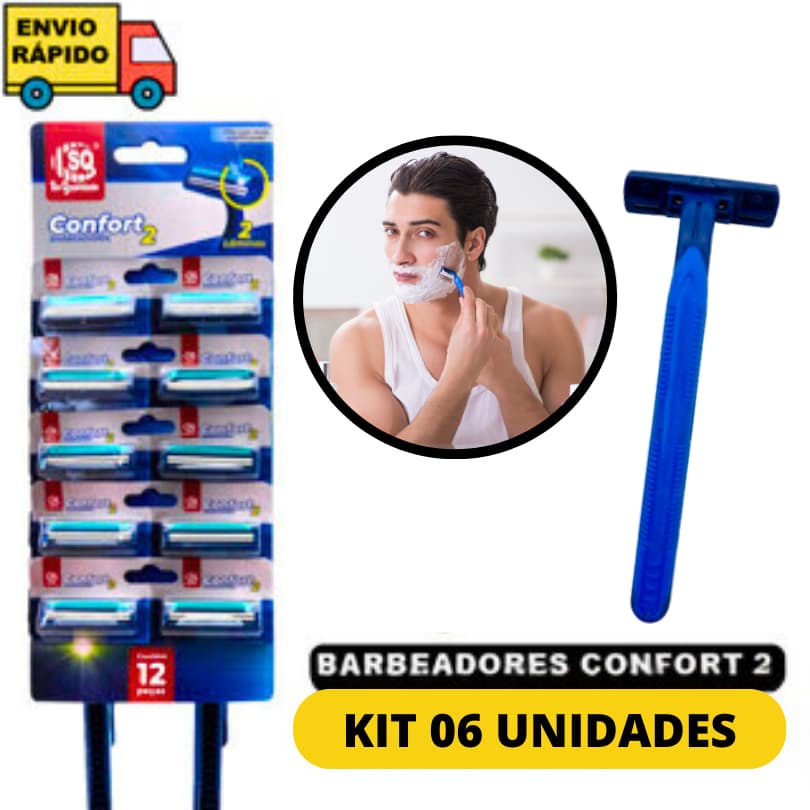 Kit 6 Aparelho De Barbear Cabo Emborrachado E Lâminas Dupla Azul  Sem Irritação Para Rosto E Corpo