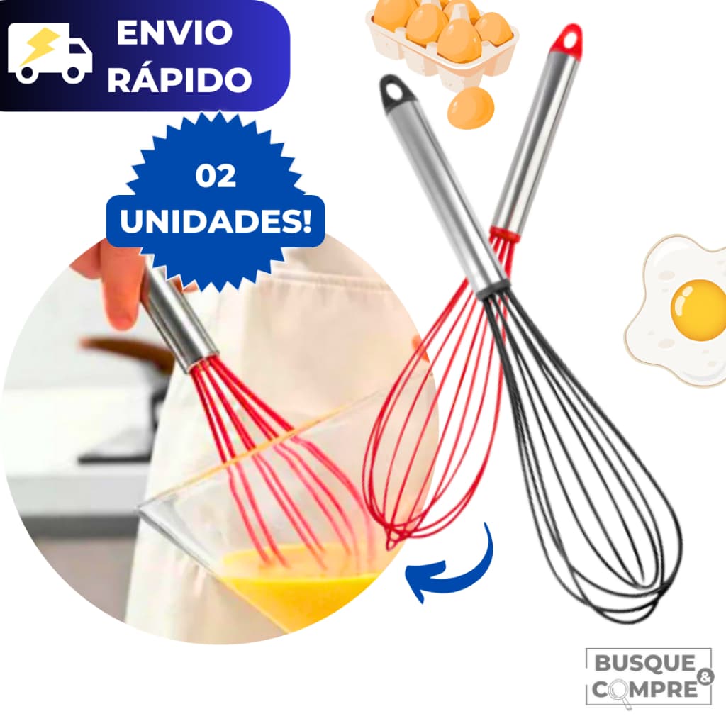 2 Batedores de Claras Ovos Gourmet de Silicone e Aço Inox Fuet Omelete Bolo Fue Batedor Cozinha