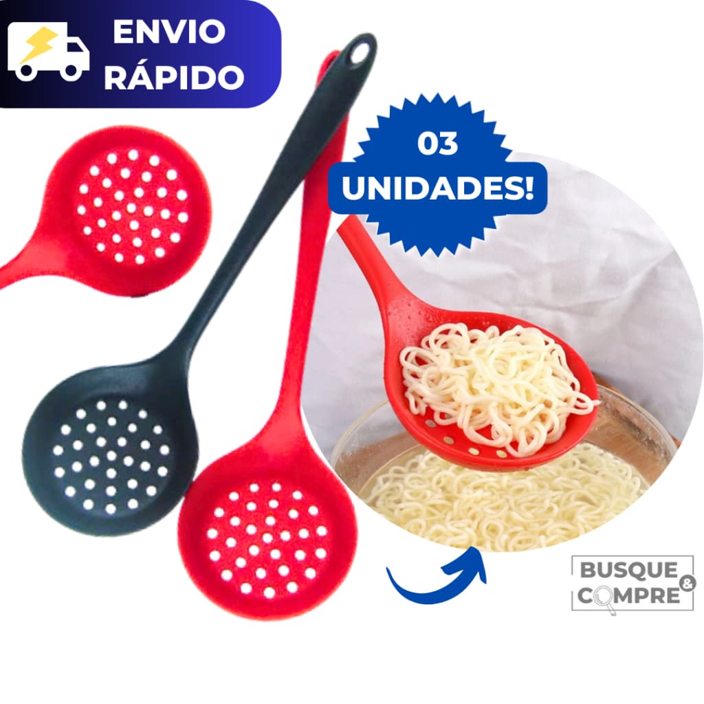 3 Escumadeiras de Silicone para Arroz Colher Vazada Furada Escumadeira Utensilio Cozinha Resistente