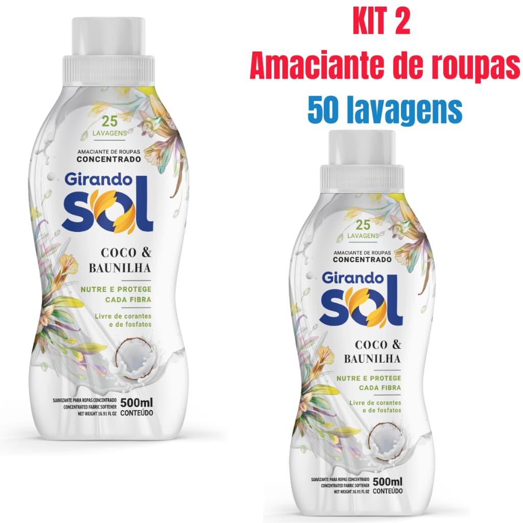 Kit 2 Amaciante Girando Sol Coco E Baunilha Concentrado 500ml - Rende até 25 Lavagens Cada