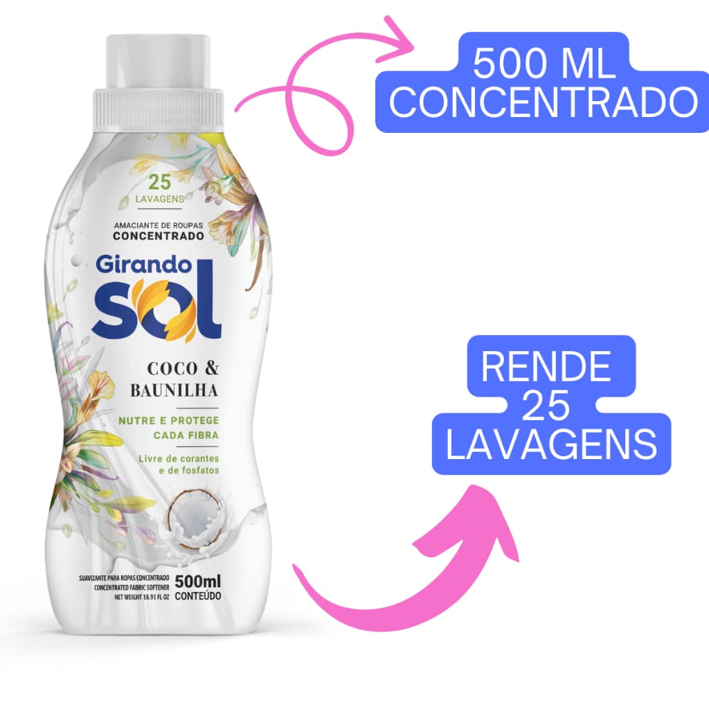 Amaciante Girando Sol Coco E Baunilha Concentrado 500ml - Rende até 25 Lavagens