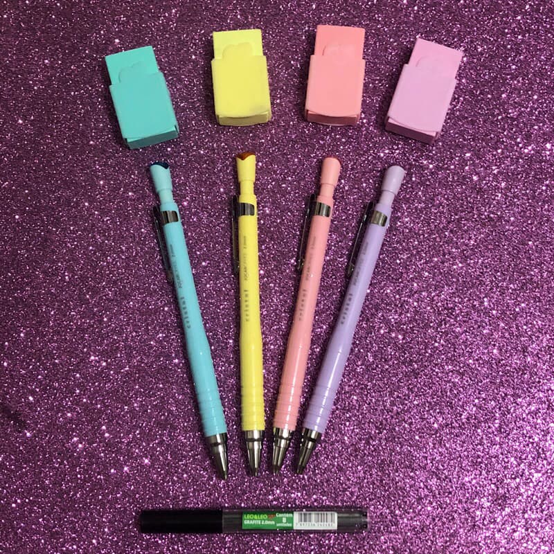 Lapiseira Cristal 2mm tom pastel fofa kawaii com borracha e grafite
