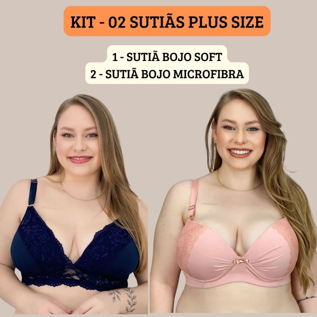 KIT 02 Sutiãs Plus Size Microfibra Reforçado com detalhe em Renda E Sutiã Bojo Soft BEATRIZ/ CAROL.