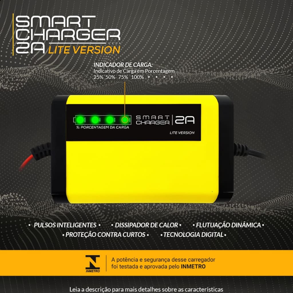 Carregador de Bateria Automotivo Smart Charger 2A Lite Digital 12V Indicador de Carga Moto Carro