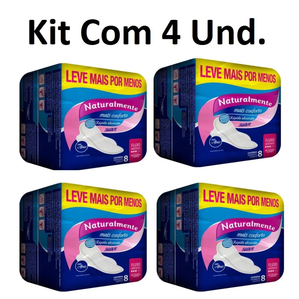 Kit 4 Absorventes Naturalmente Suave COM ABAS c/ 08 Unidades