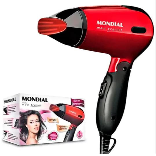 Secador de Cabelo Mondial Max Travel SC-10 1200W Preto/Vermelho Mini Viagem Dobrável Bivolt