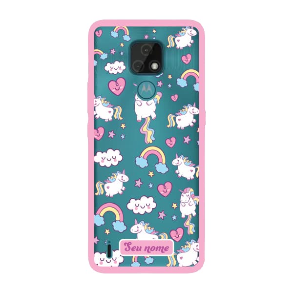 Capinha para Moto E7 Anti Impacto Personalizada - Unicórnio com nome e fundo transparente