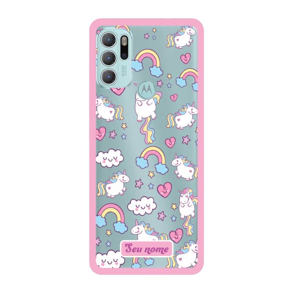 Capinha para Moto G60s Anti Impacto Personalizada - Unicórnio com nome e fundo transparente