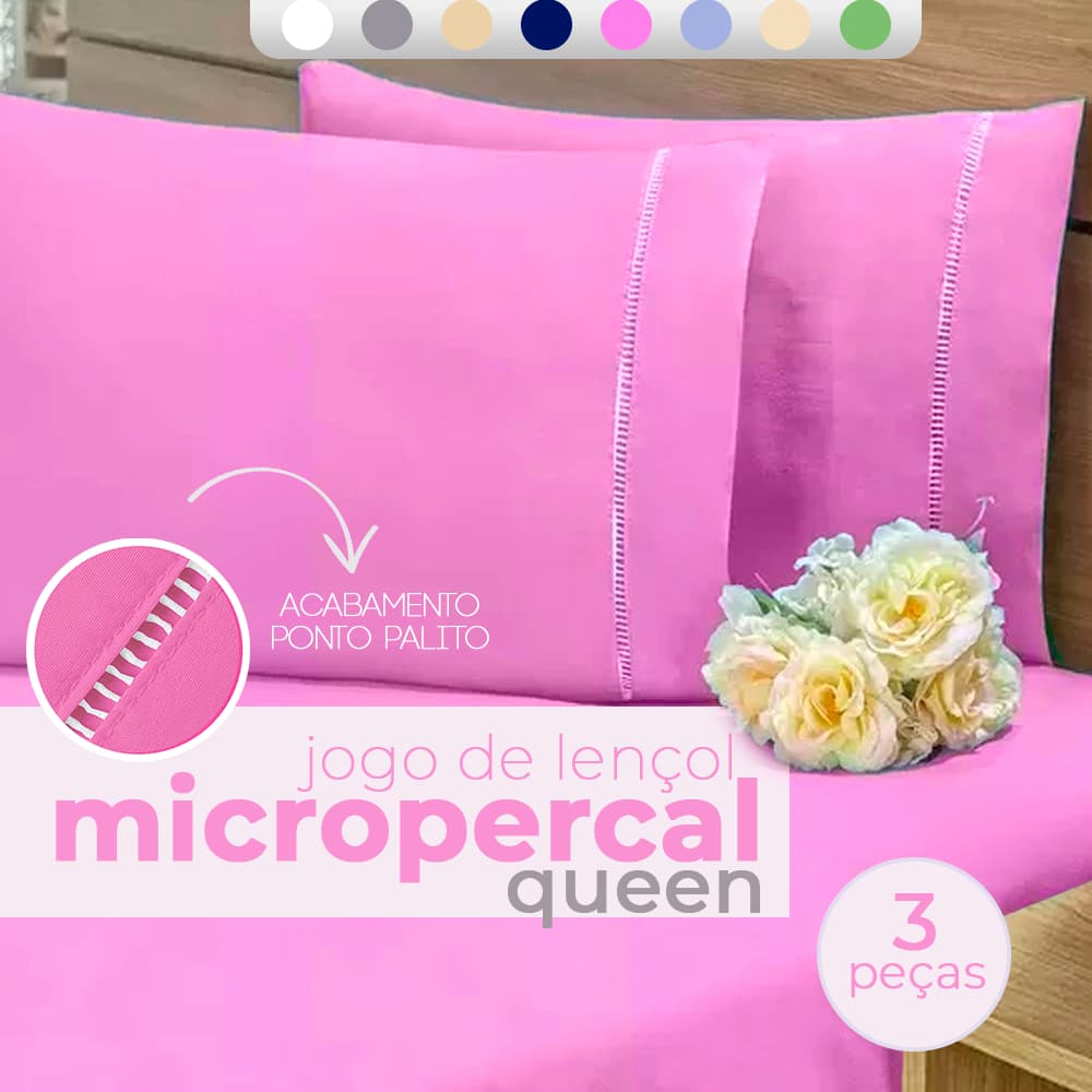 Jogo de Lençol Micropercal 400 Fios Ponto Palito Cama Casal Queen 3 Peças - Lençol + 2 Fronhas