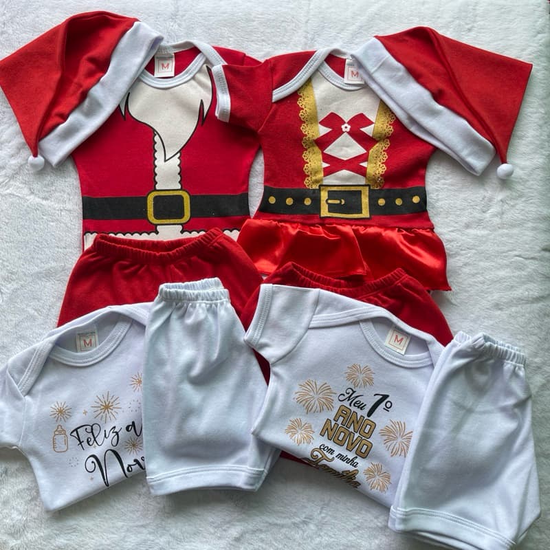 Conjunto Infantil De Natal (Body + Short + Gorro) e Ano Novo (Body + Short) / Suedine 100% Algodão