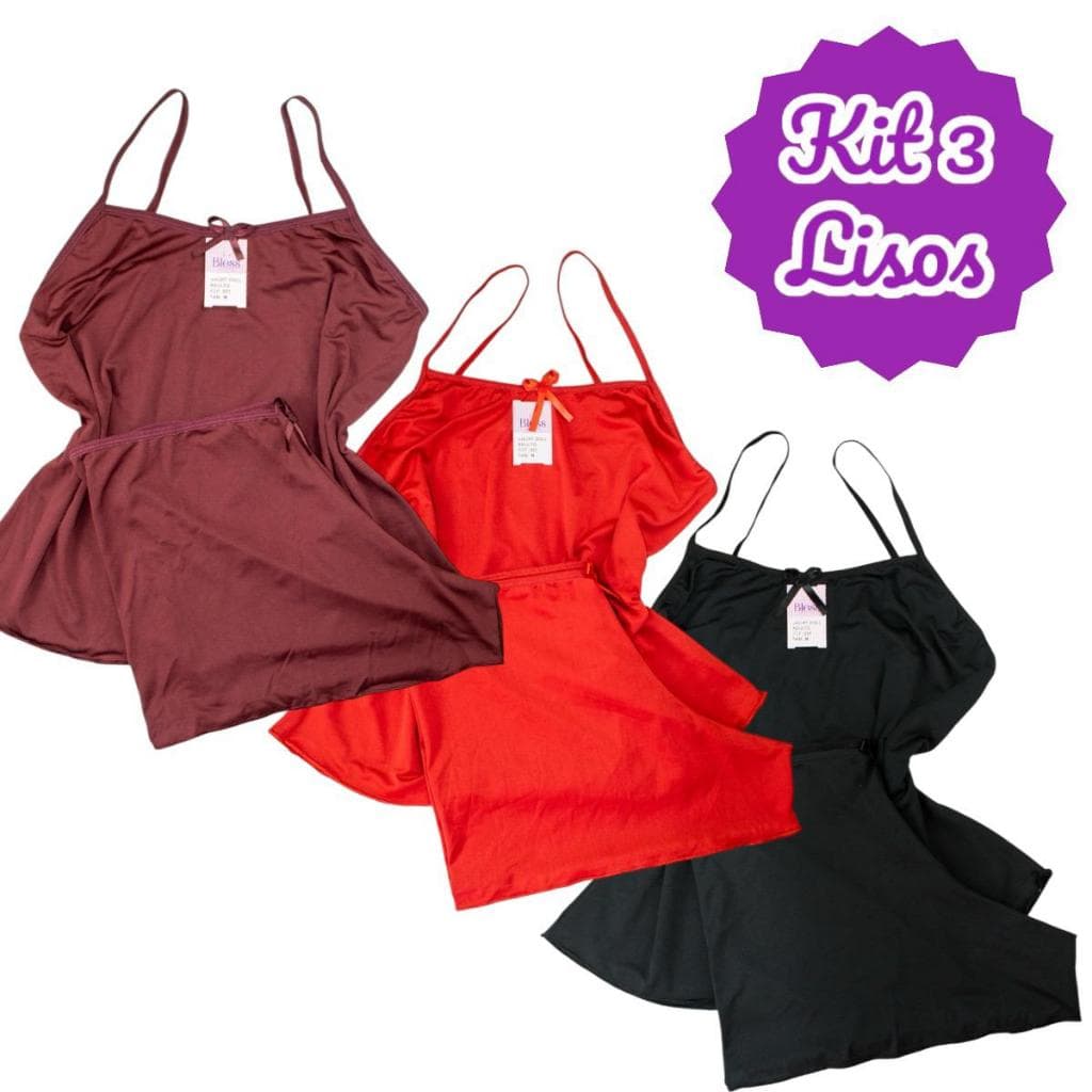 Kit 3 pijama adulto liso short doll liso baby doll liso sem estampa cores variadas