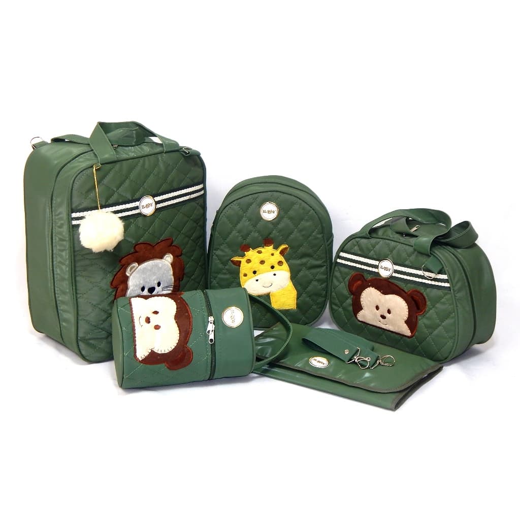Kit Bolsa Mala Maternidade Menino Safari 5 Peças Verde Com Mochila Maternidade