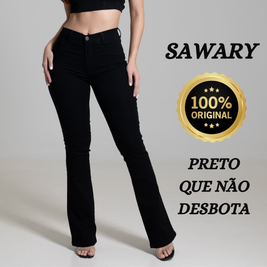 Calça Jeans Feminina Sawary Preta Lycra Elastano Original Boca Sino Flare Bootcut Roupas Femininas