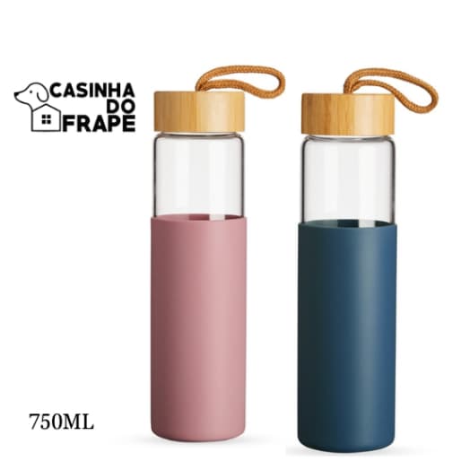 Kit Garrafa em Vidro Borossilicato 750ml com Luva de silicone, garrafa de água, lazer, cozinha