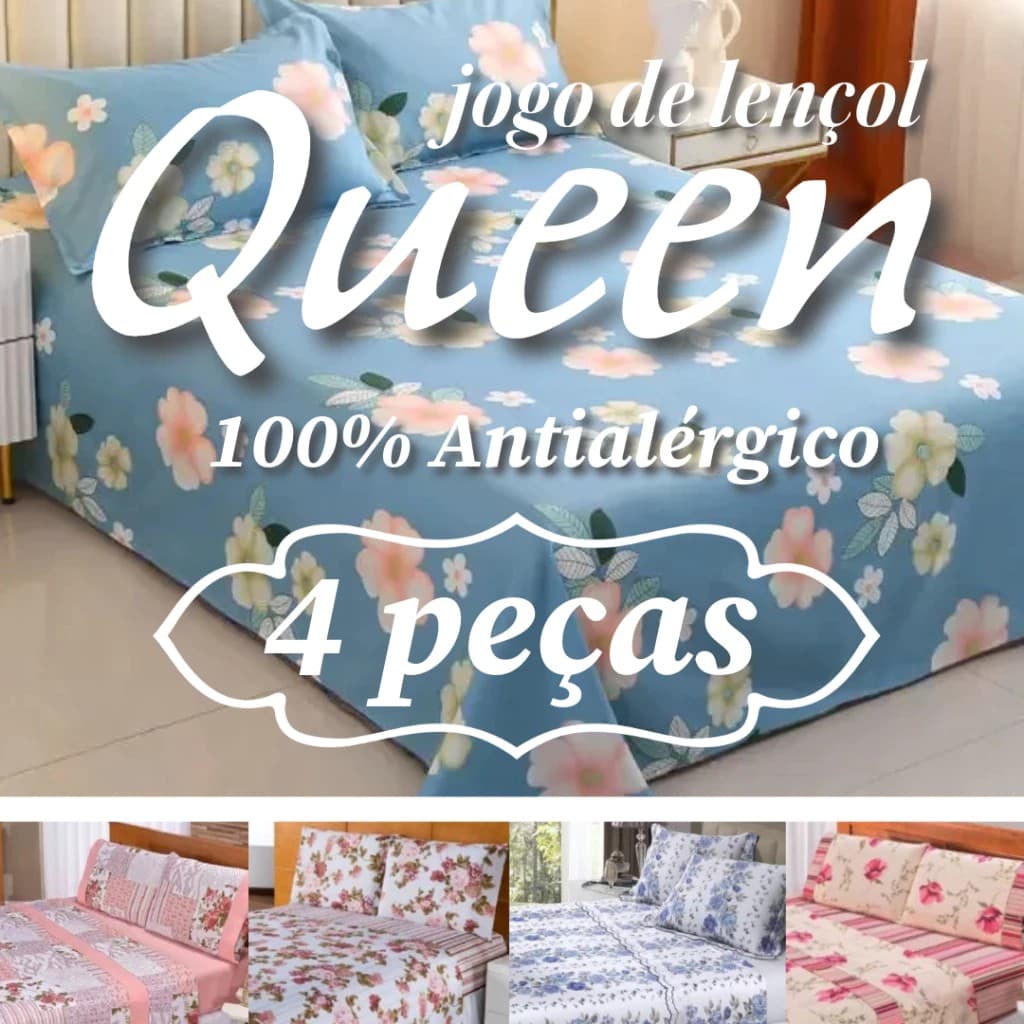 Kit Jogo de Lençol Queen 4 Peças com Elástico 1,98m x1,58m x 0,3m de Altura Estampas Sortidas