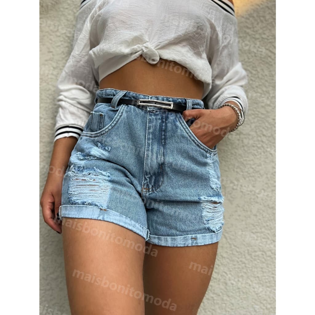 maisbonitomoda 9035 com cinto preto short  jeans casual  com rascada perna larga cintuta alta com bolsa