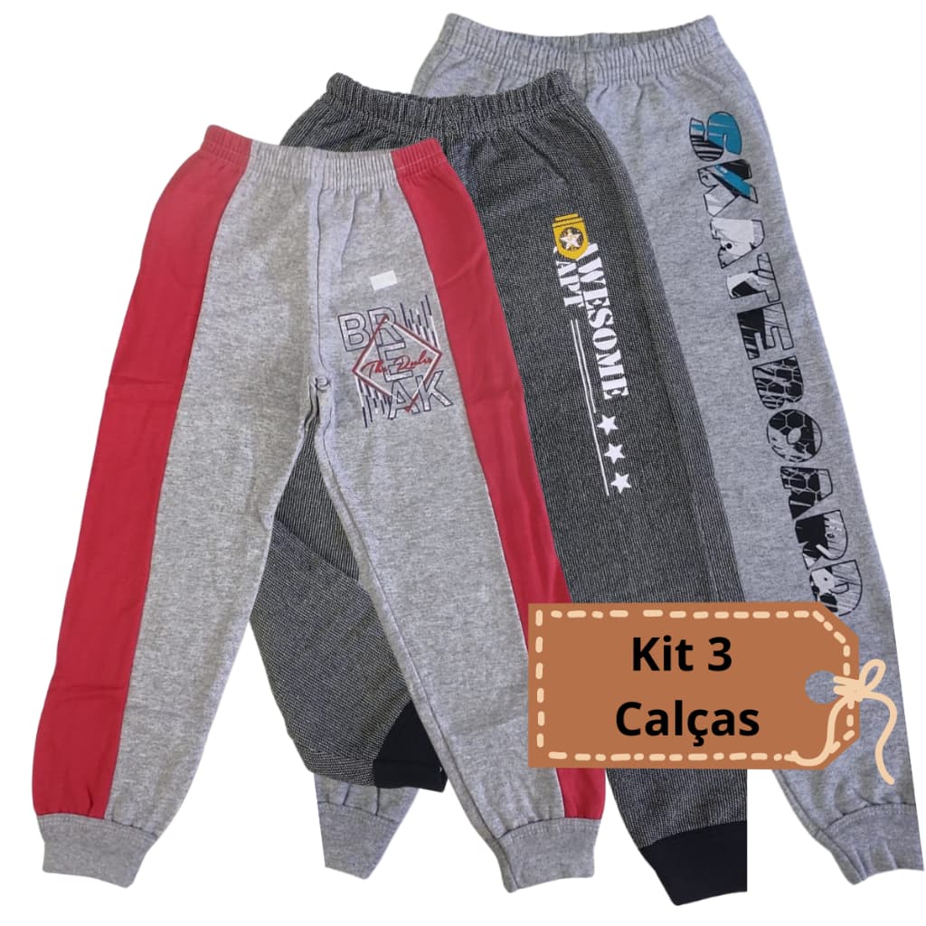 Kit 3 Calca Moletom Infantil Menino Com Punho Flanelada