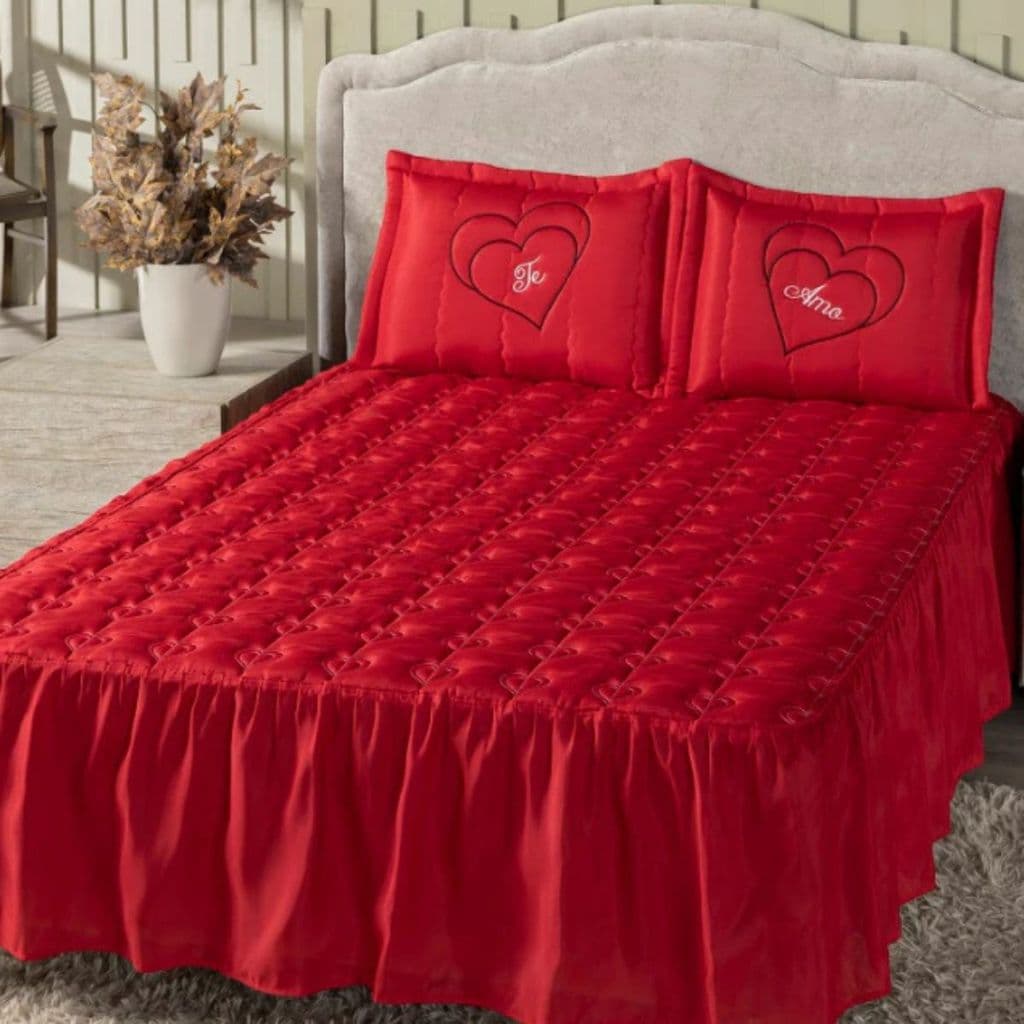 Kit Colcha Casal 3 Peças Te Amo - Cobre Leito Casal Tecido Premium