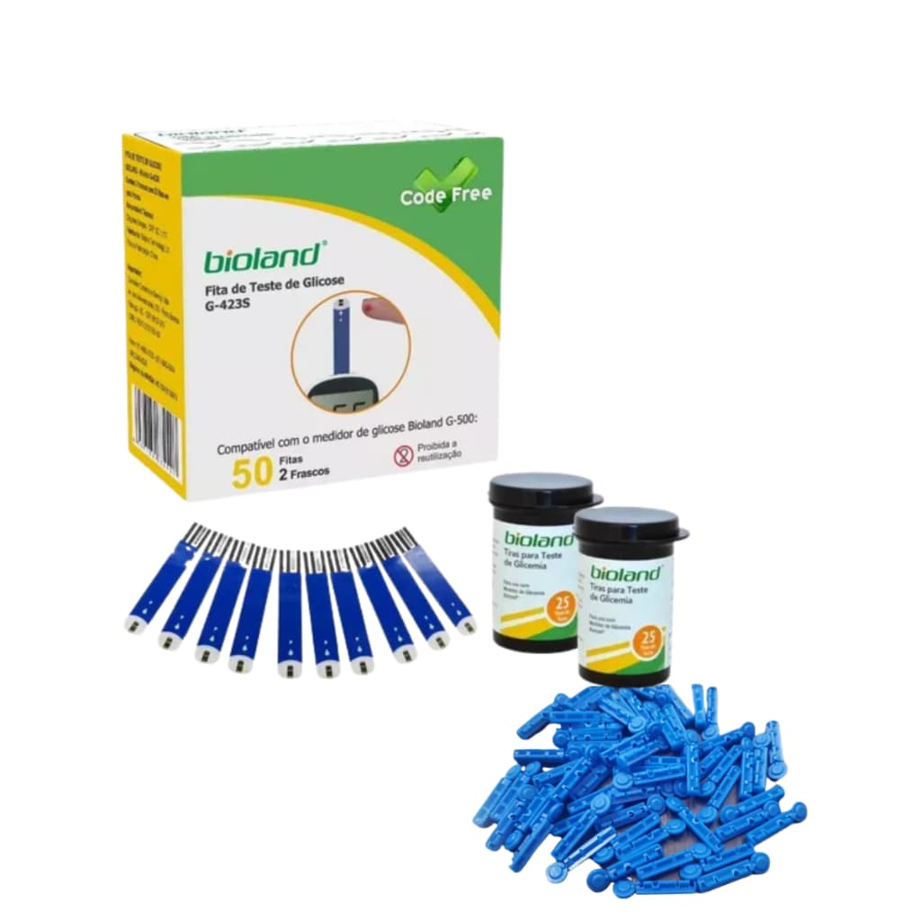 kit 50 FItas marca Bioland+ 100 Agulhas Universal Glicemia Bioland Parra Medir Diabetes