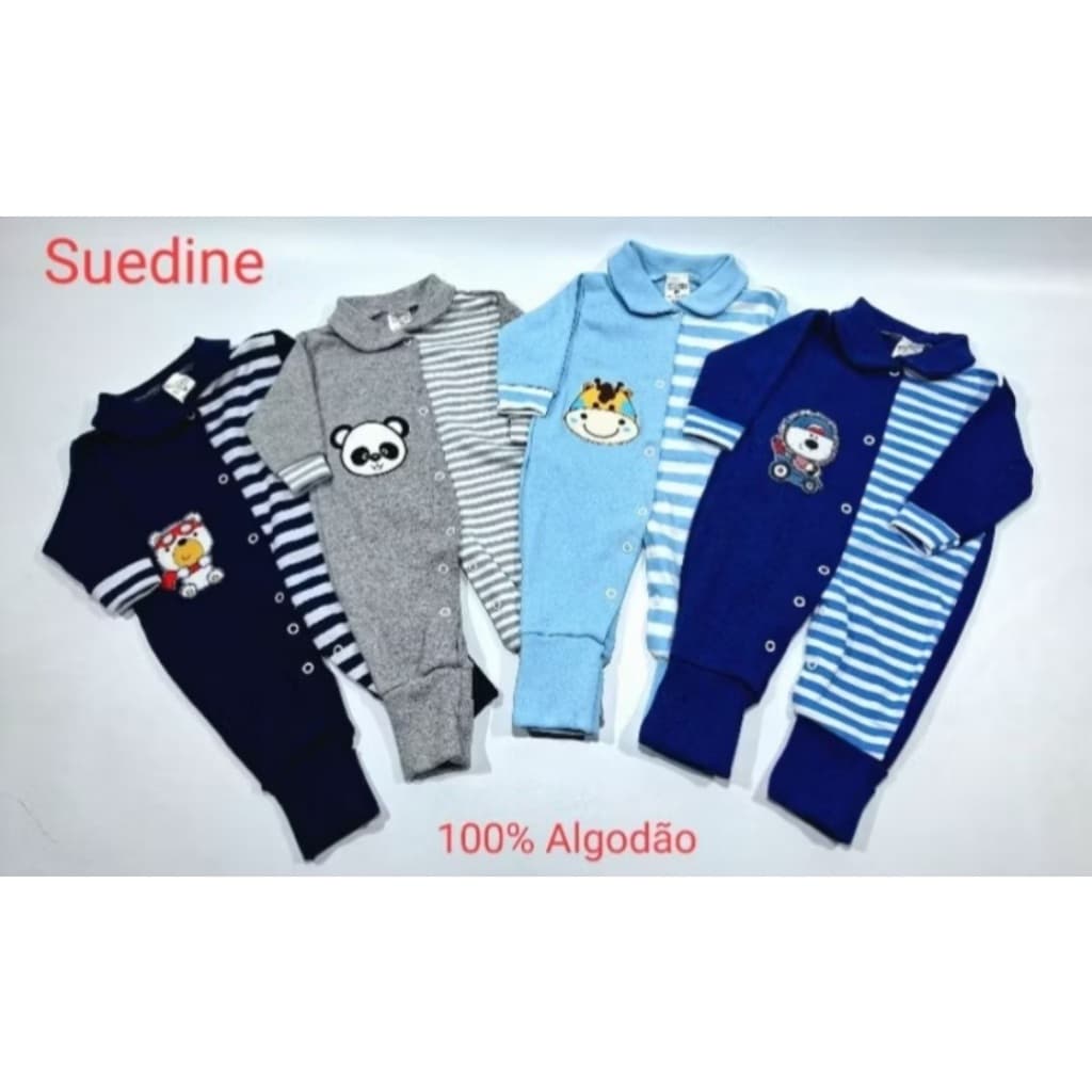 Macacão bebê suedine com detalhe listrado- Pé Reversivel - Kit Com 4 PÇS
