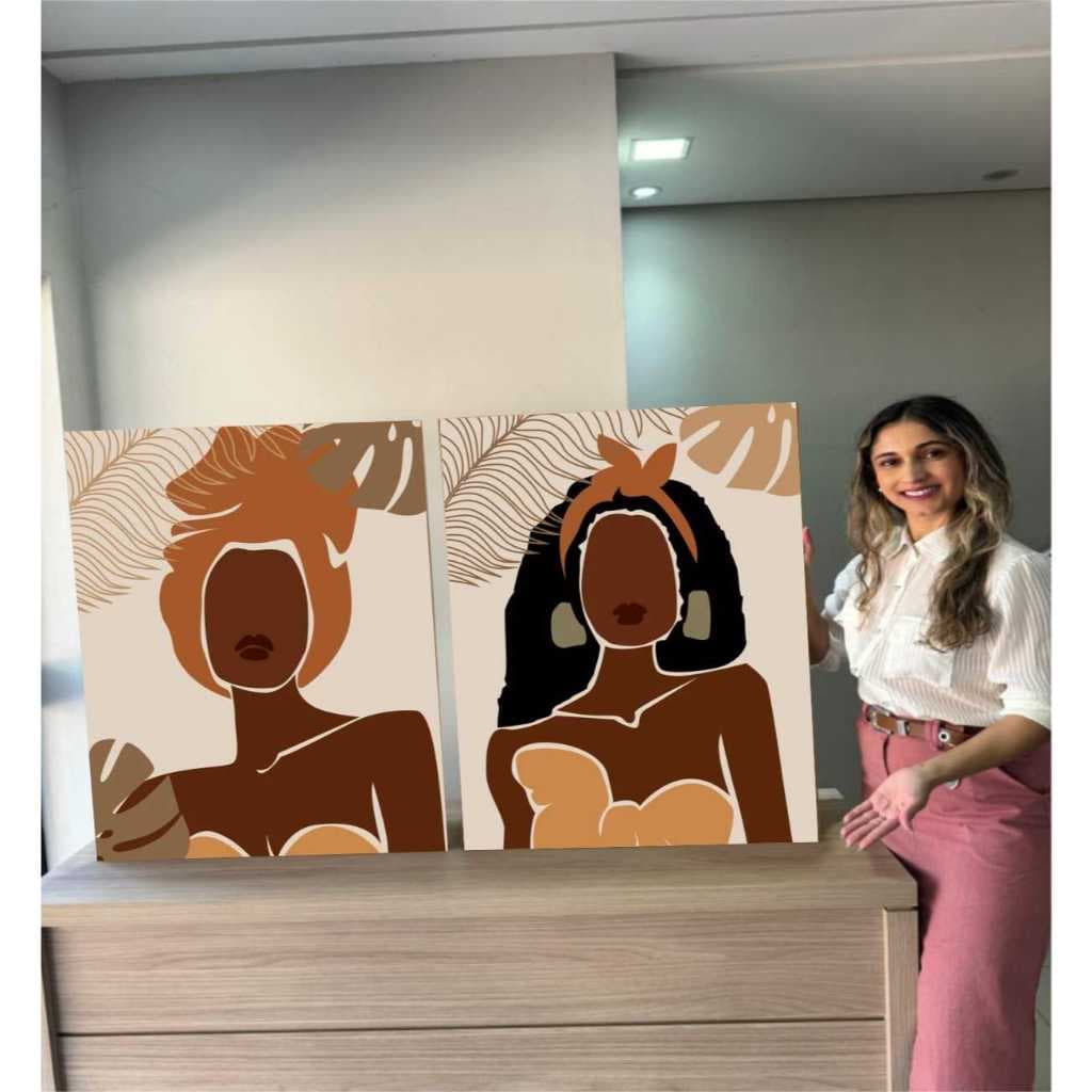 Quadro Decorativo 2 Peças Arte Mulher Negra Turbante Minimalista