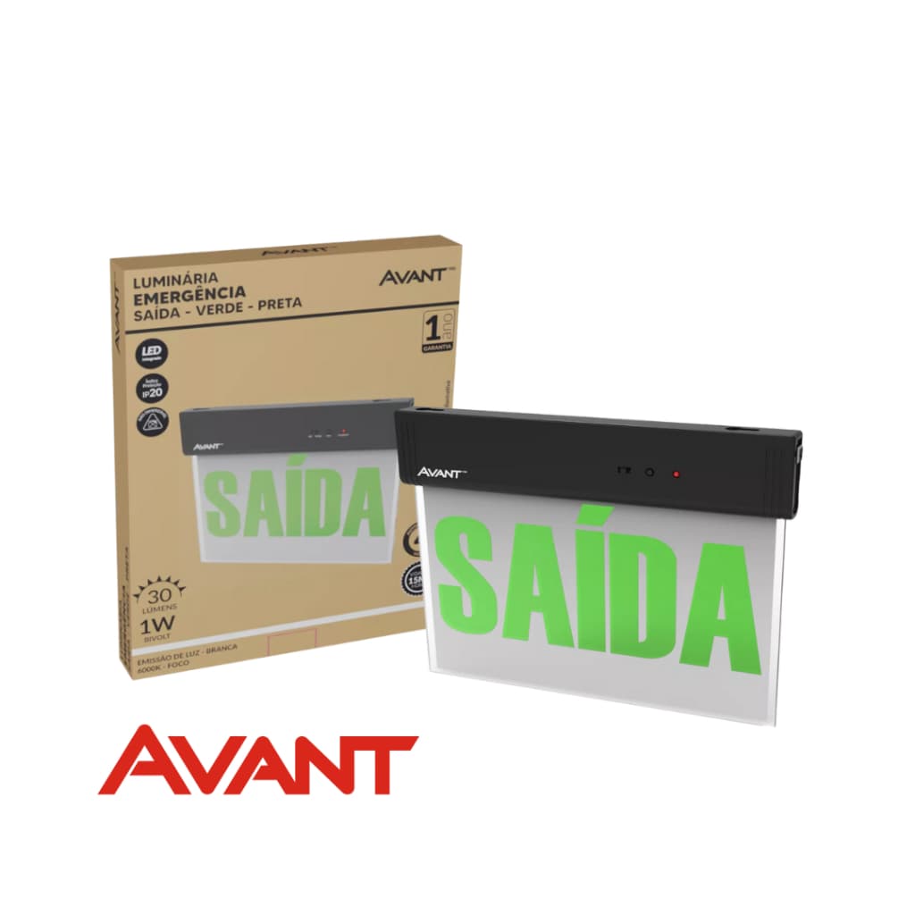 Luminária Placa de Emergência 1 Lado 240x185mm 30Lm Saída Verde Preta Avant