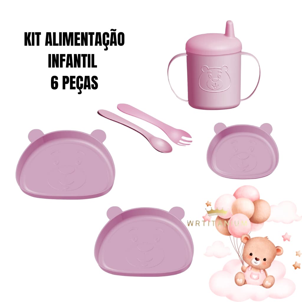 Kit 6 Peças Alimentação Infantil Ursinho Introdução Infantil Copo Prato Garfo Colher Rosa