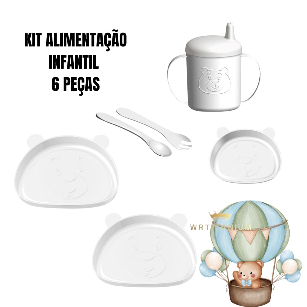Kit 6 Peças Alimentação Infantil Ursinho Introdução Infantil Copo Prato Garfo Colher Branco