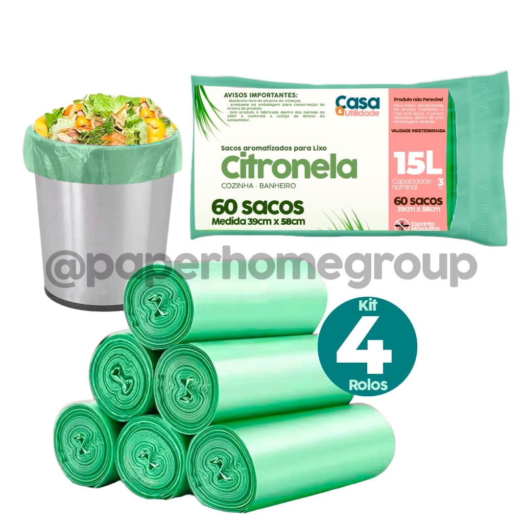 Kit Sacos de Lixo 15 Litros Perfumado Cozinha Banheiro Pia  Anti Odores Neutraliza Citronela 60 Unidades Cada Rolo