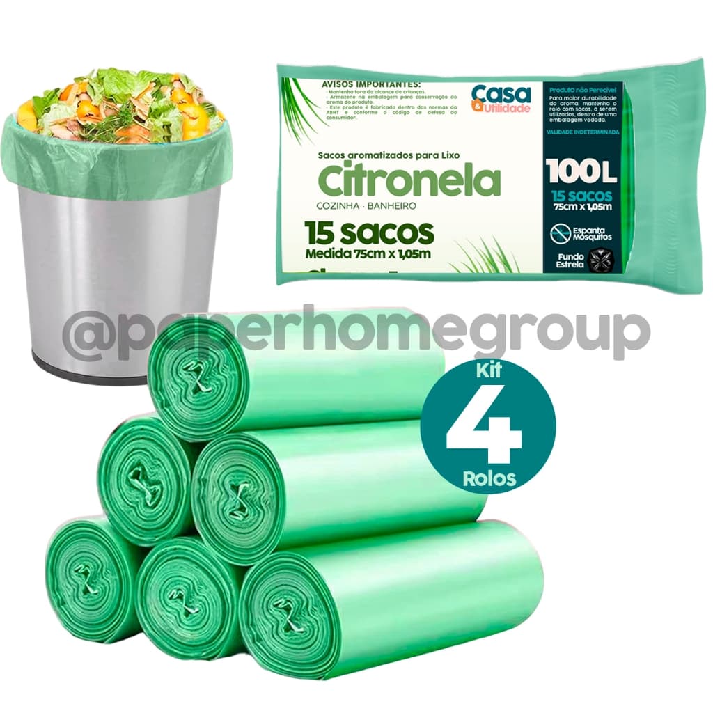 Sacos de Lixo Perfumado 100 Litros Citronela Cozinha Banheiro  Anti Odores Neutraliza 15 Unidades Cada Rolo