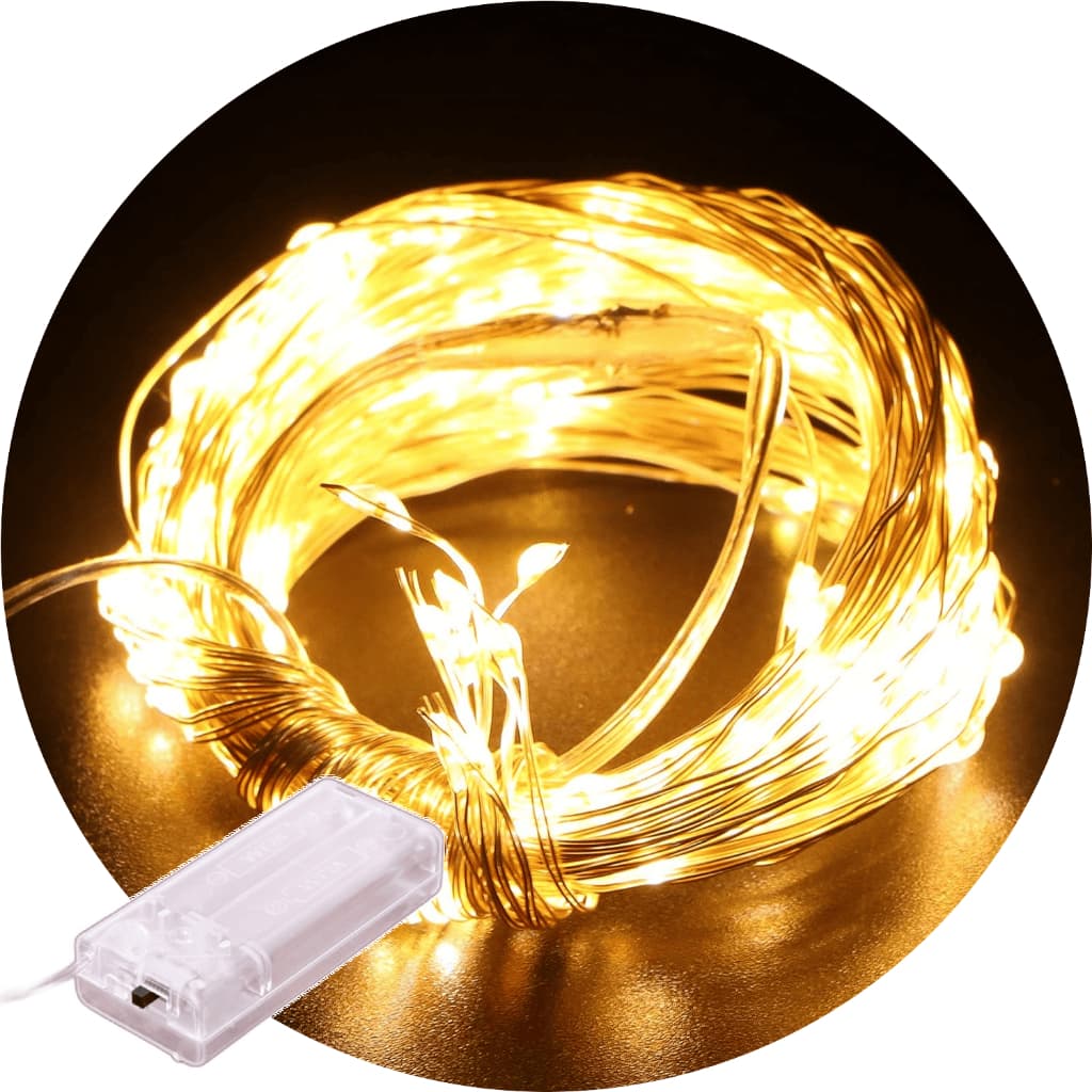 Fio Fada Cordão Prateado de Luz Led 5m 50 Leds Pilhas AA Branco Quente Decoração Natal Artesanato