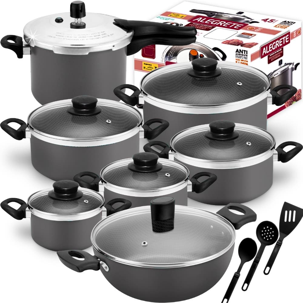 Hiper Jogo De Panelas Antiaderente Grossas + Pressão 4,5 Litros + Panela Wok Gourmet 10 Peças