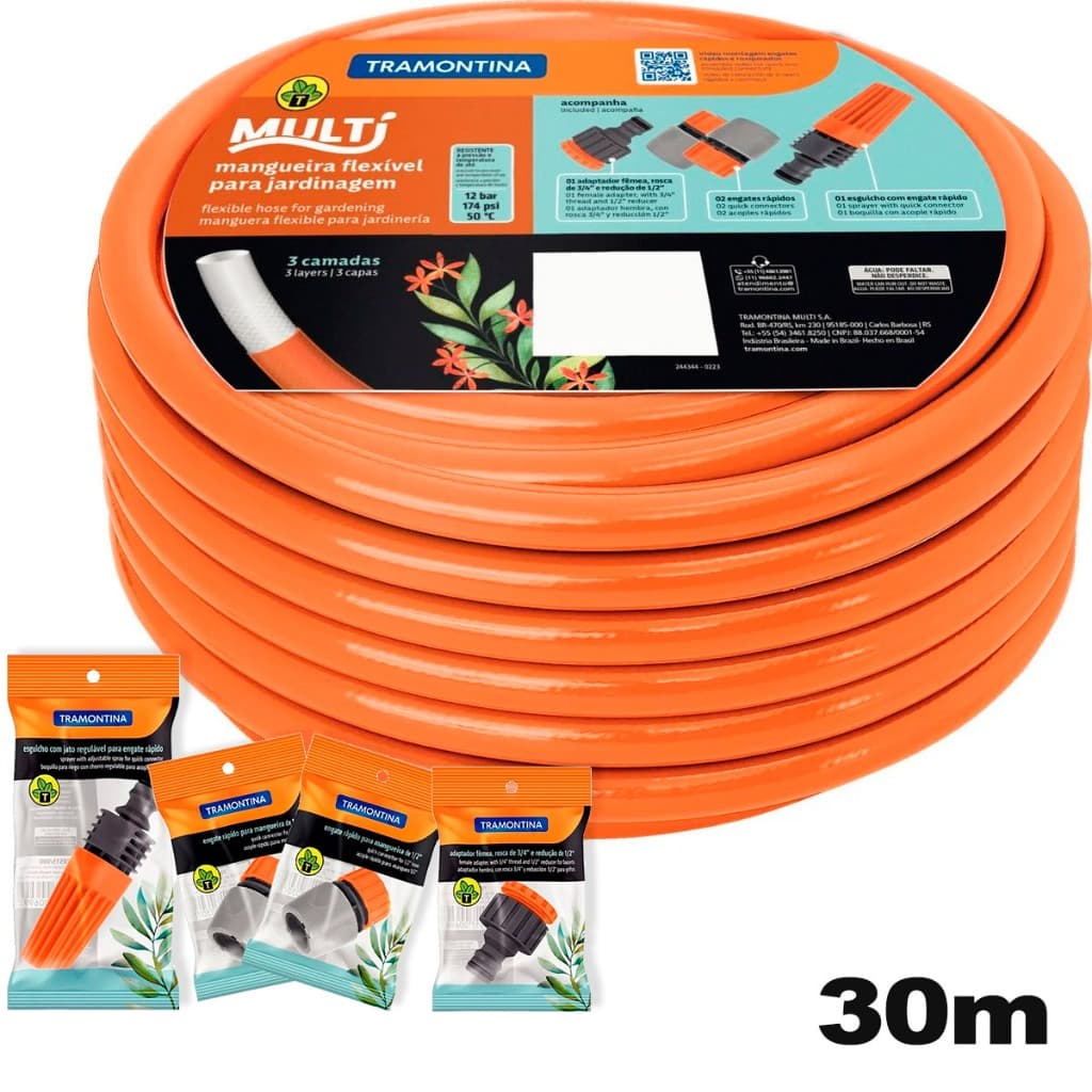 Mangueira Jardim TRAMONTINA Multi 1/2" 30m PVC 3 Camadas c/ Engate Rápido e Esguicho