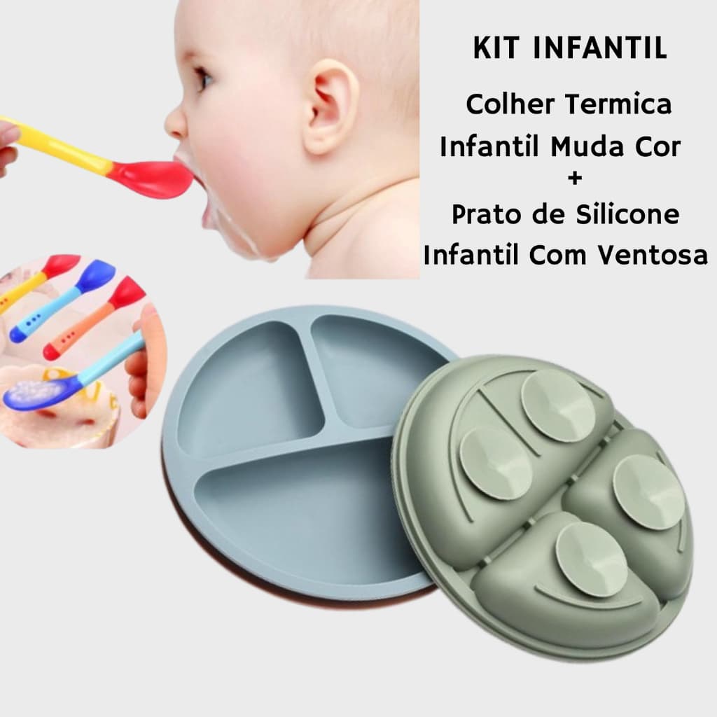 Prato de Silicone Infantil Com Ventosa 3 Divisorias + Colher Termica Infantil Muda Cor Silicone Bebe Alimentação