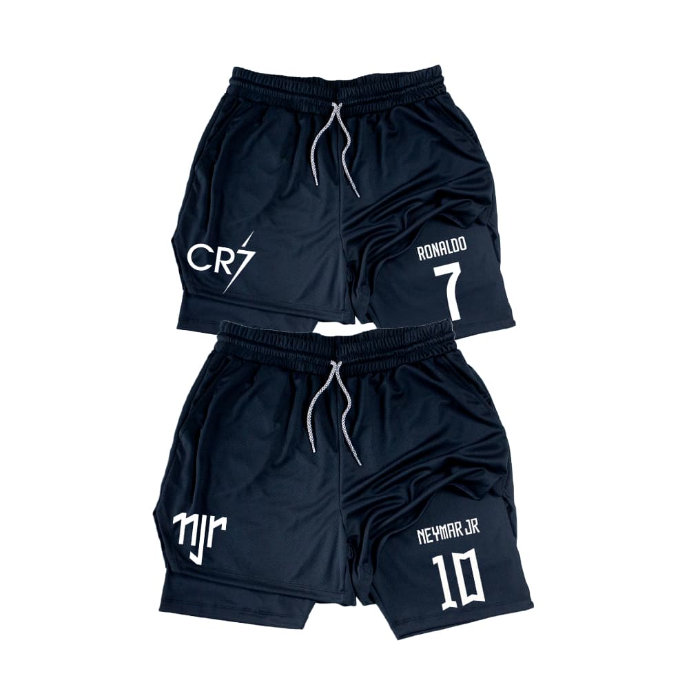 Kit 2 Shorts Dry-Fit Compressão 2 em 1 Esportivo Treino Futebol  Cristiano Ronaldo CR7 e Neymar Jr Personalizado
