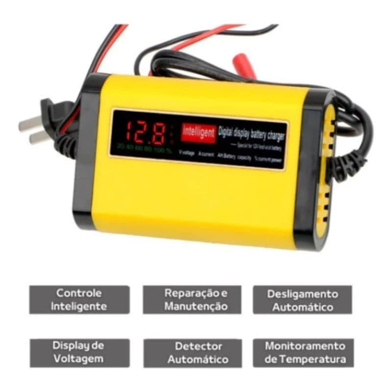 carregador automotivo com display amarelo carregador bateria de carro e moto