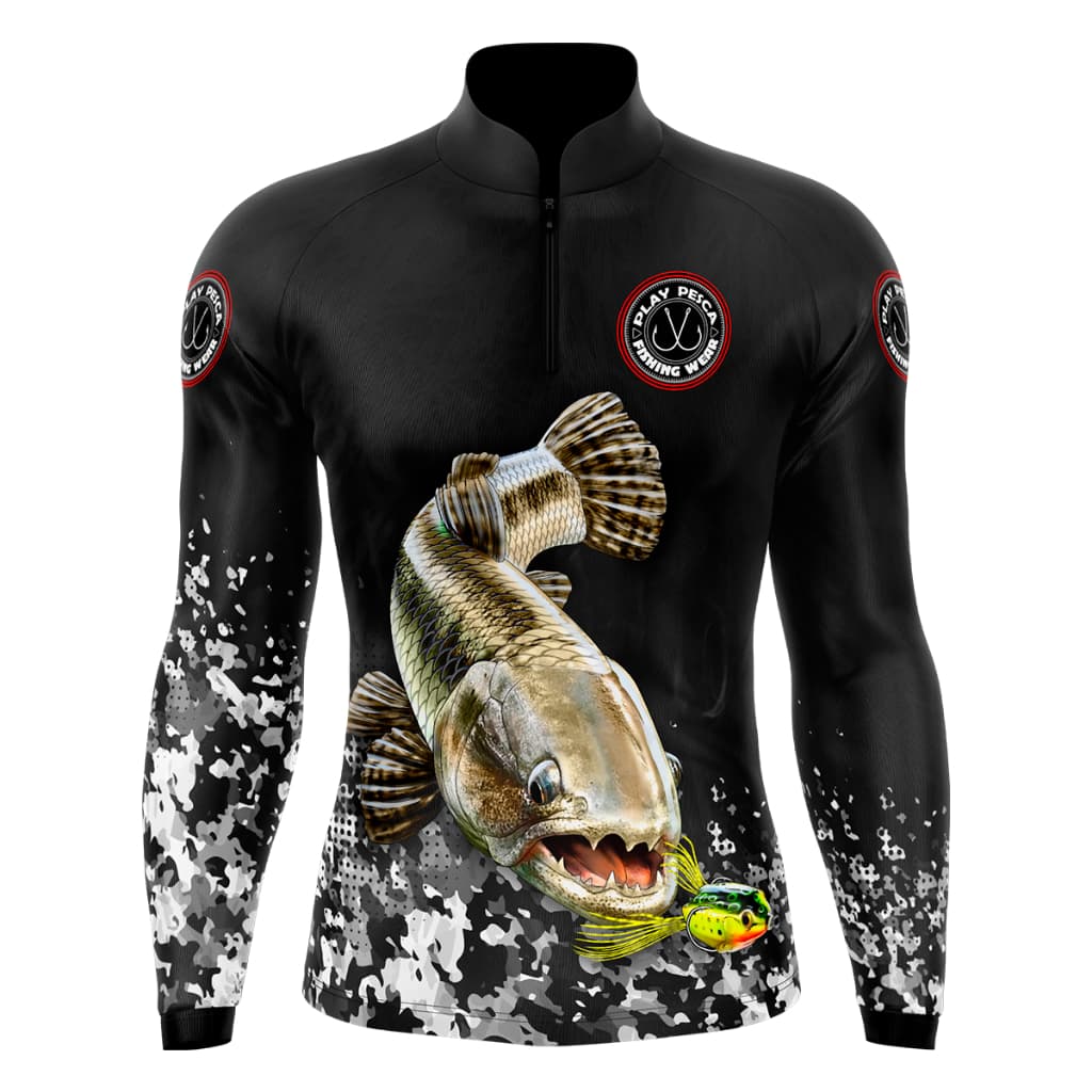 Camisa Camiseta Blusa de Pesca Traíra Cinza Proteção Solar Uv50+ DryFit Play Pesca