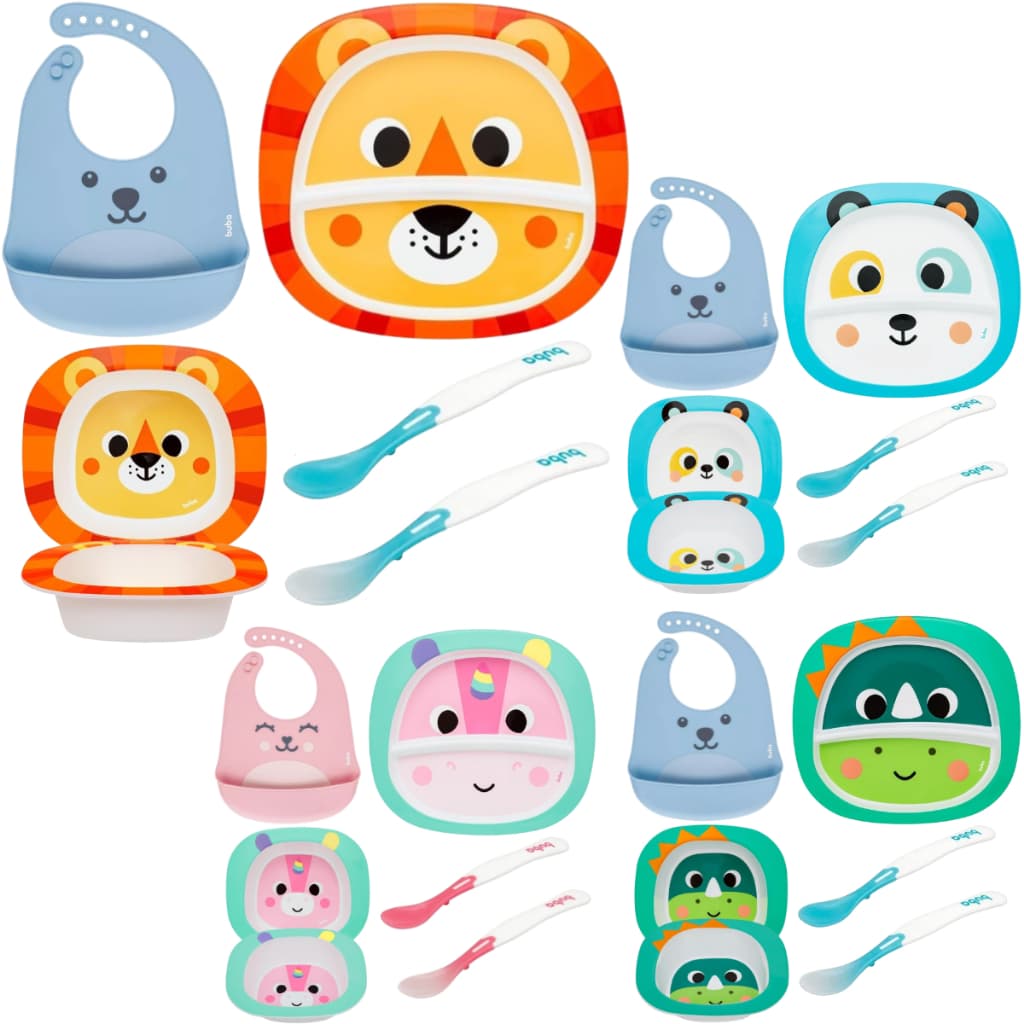 Kit Introdução Alimentar Buba Bubazoo Prato Raso com Divisória Prato Bowl Babador em Silicone Colher Termossensível