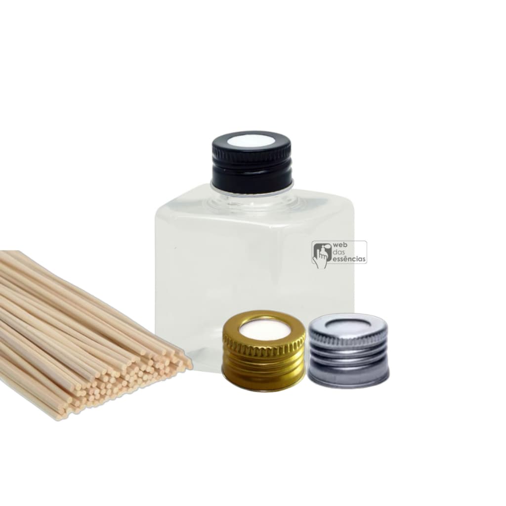 KIT - 10 UNIDADES FRASCO PET CUBE 200ML COM TAMPA DIFUSOR E 50 VARETAS DE BAMBU  PARA AROMATIZADOR DE AMBIENTE -