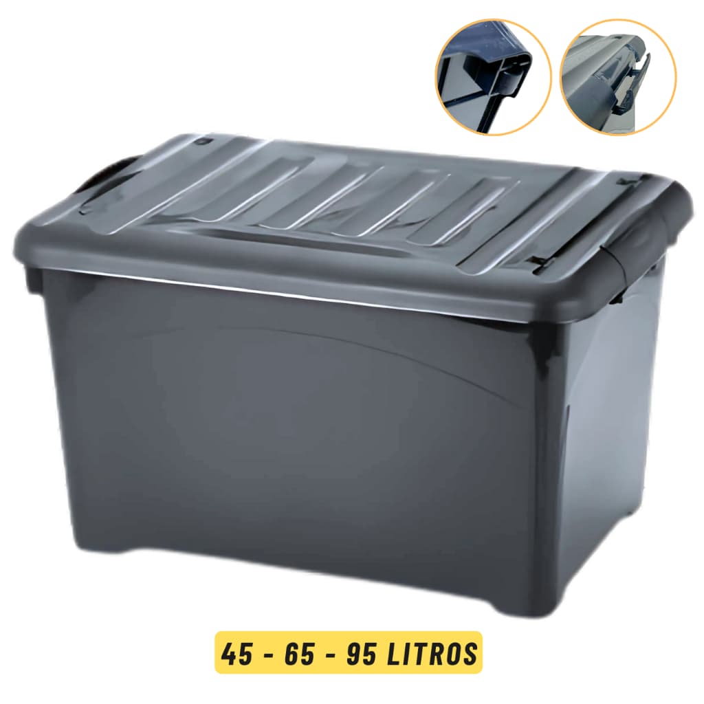 Caixa Organizadora Preta 45L 65L 95L Multiuso Grande Resistente Tampa Trava Rodinha Injeplastec