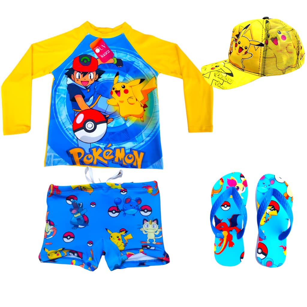 Kit Praia Blusa UV com proteção UV sunga chinelo e boné pokemon