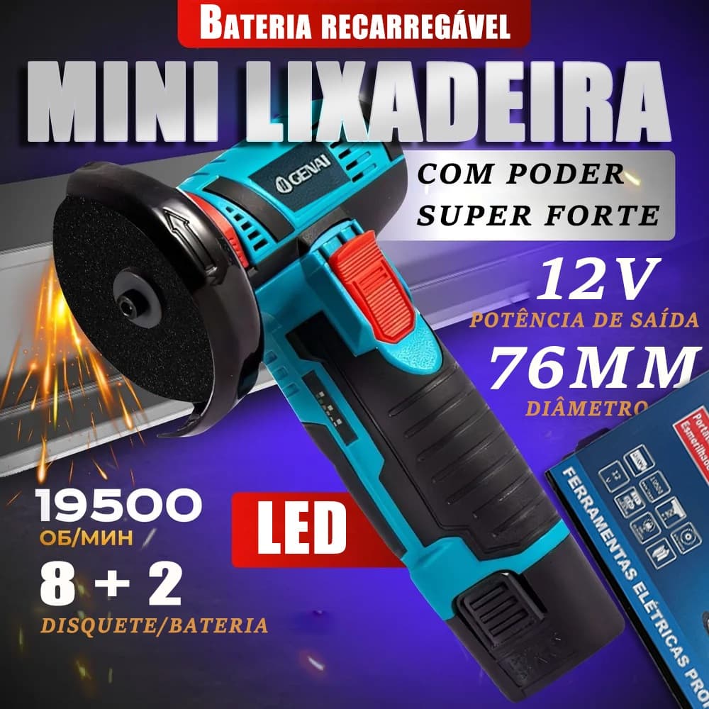 Esmerilhadeira Lixadeira Sem Fio Portátil Serra Mármore 2 Baterias 12V 1500 Miliampere