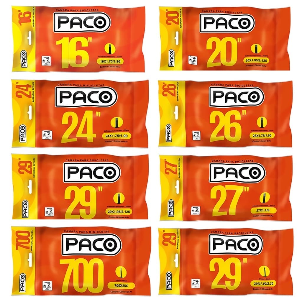 Camara de Ar Bike Aro 16 20 24 26 27 29 700 Bicicleta Bico Grosso Fino Paco