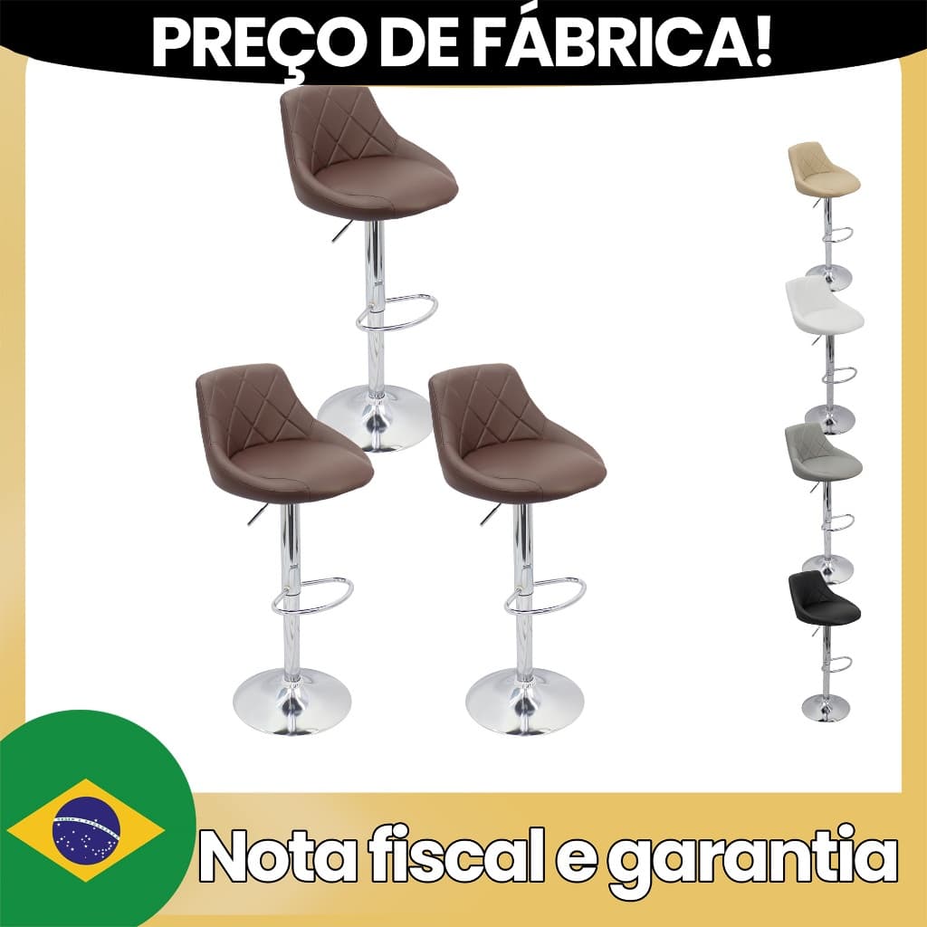 Kit 3 Banquetas Milano Carmel Estofada Giratória c/ Regulagem