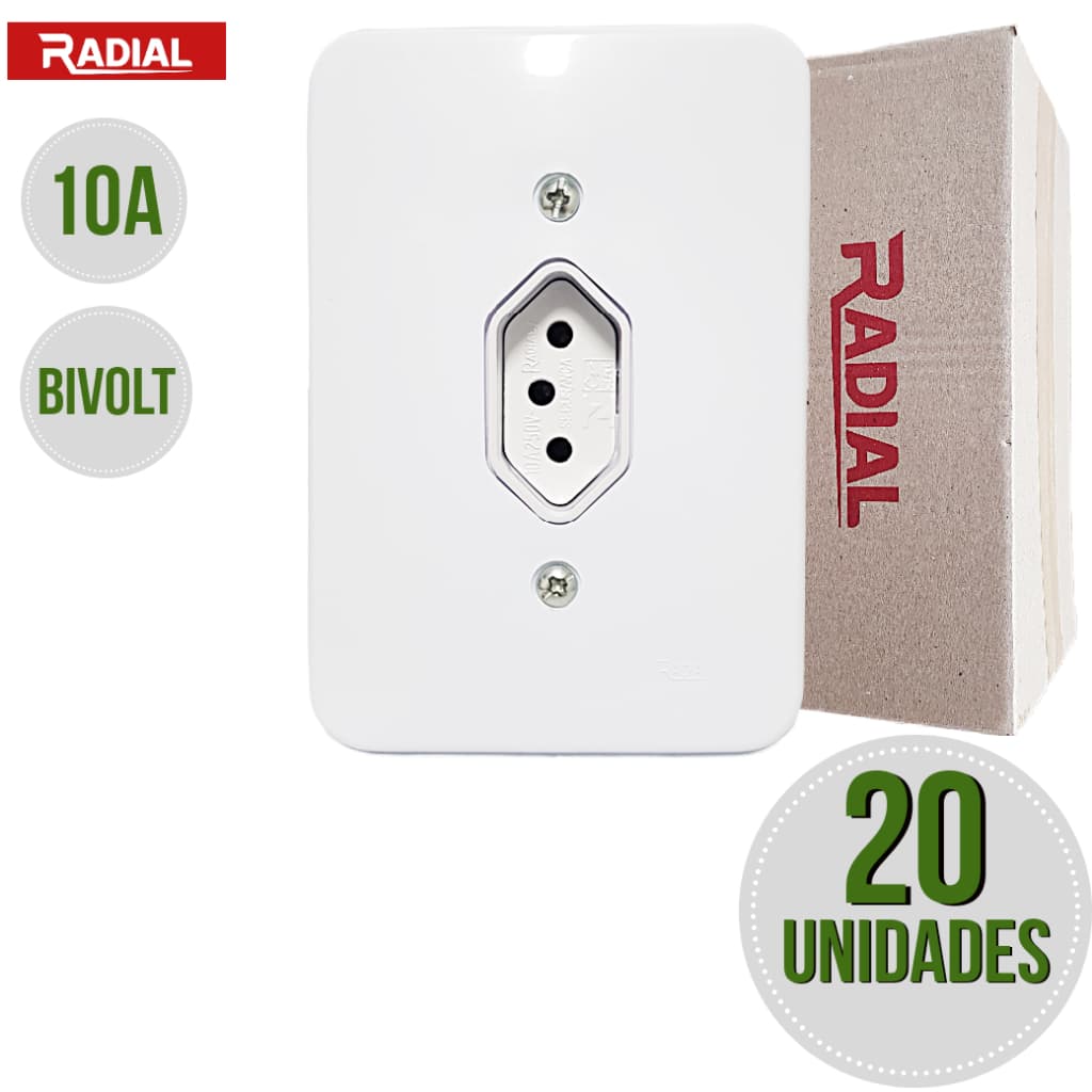Kit 20un Tomada 10A Simples Completa Parede Radial