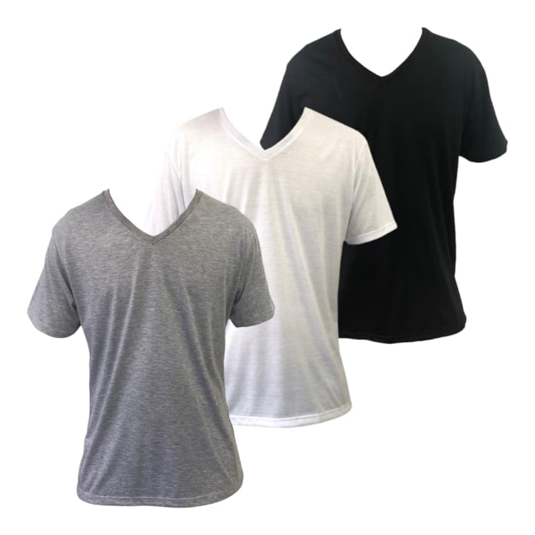 Kit 3 camisetas masculinas GOLA V PRETO, BRANCO E CINZA MESCLA 100% poliéster para sublimar